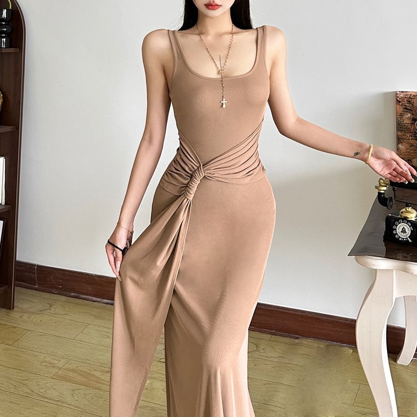 Black Sleeveless Square Neck Tie-Waist Bodycon Maxi Dress - Altfashion Shop
