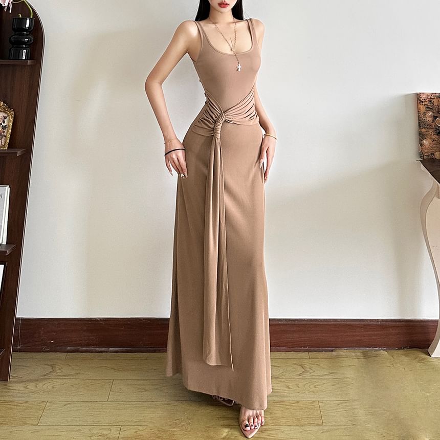Black Sleeveless Square Neck Tie-Waist Bodycon Maxi Dress - Altfashion Shop
