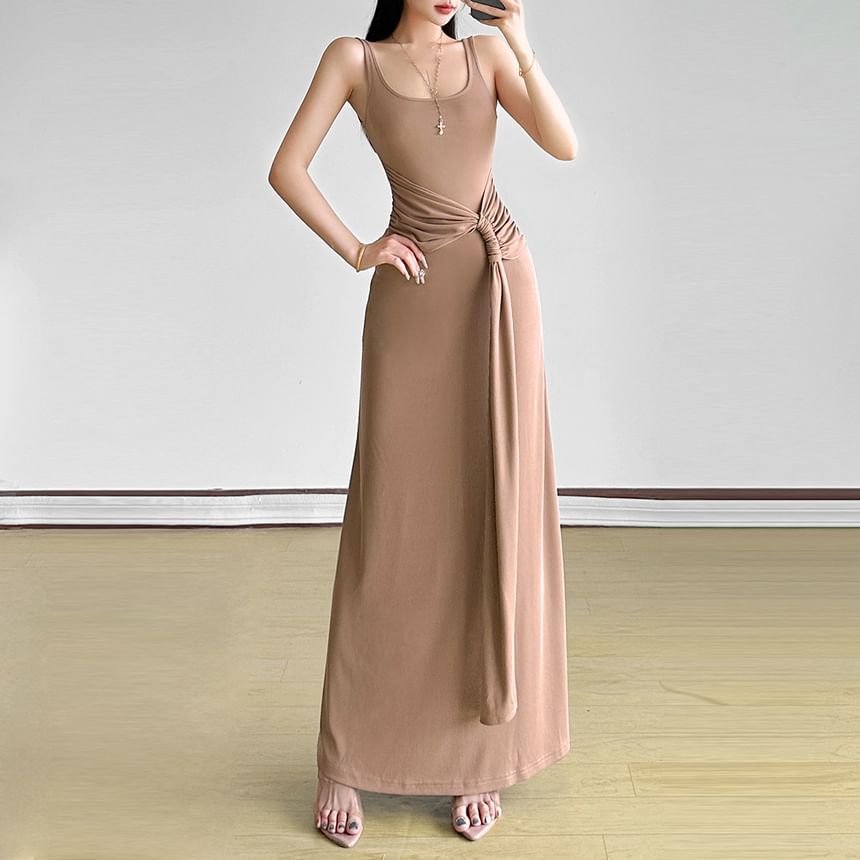 Black Sleeveless Square Neck Tie-Waist Bodycon Maxi Dress - Altfashion Shop