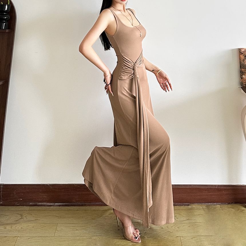 Black Sleeveless Square Neck Tie-Waist Bodycon Maxi Dress - Altfashion Shop