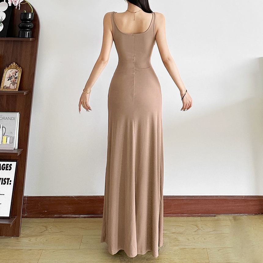 Black Sleeveless Square Neck Tie-Waist Bodycon Maxi Dress - Altfashion Shop