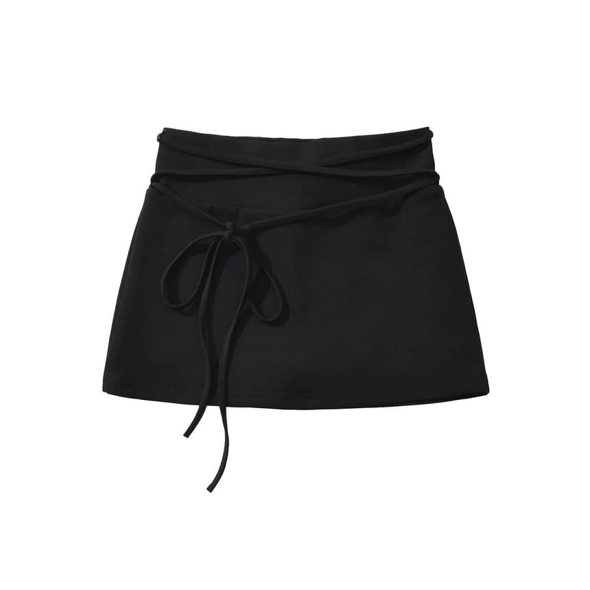 Lace-Up Low Waist Plain Mini A-Line Skirt