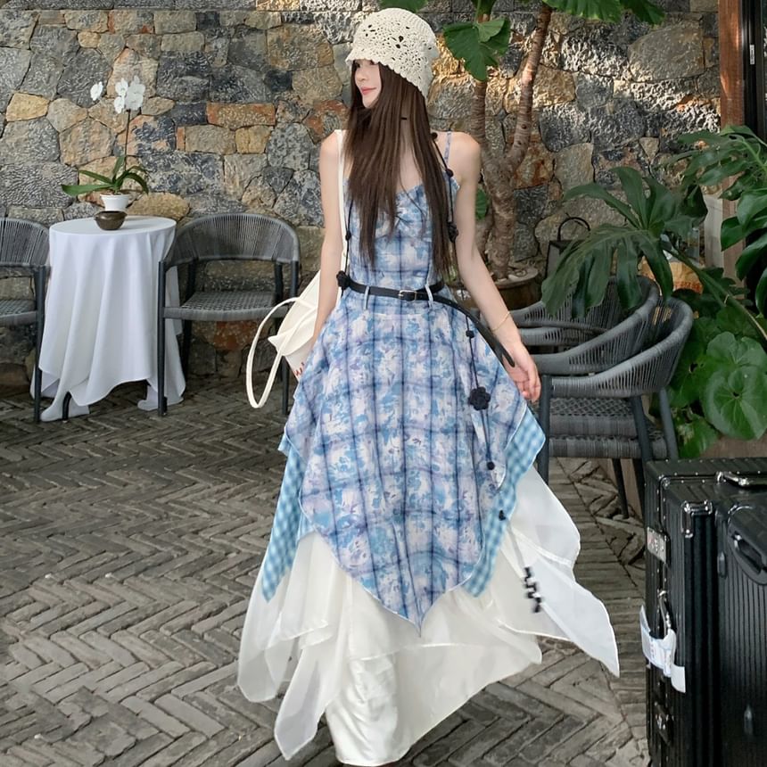 Check A-Line Maxi Dress with Spaghetti Straps and Belt Set
