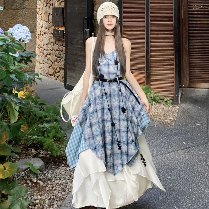 Check A-Line Maxi Dress with Spaghetti Straps and Belt Set
