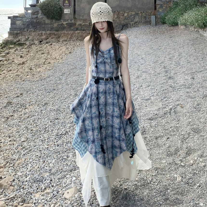 Check A-Line Maxi Dress with Spaghetti Straps and Belt Set