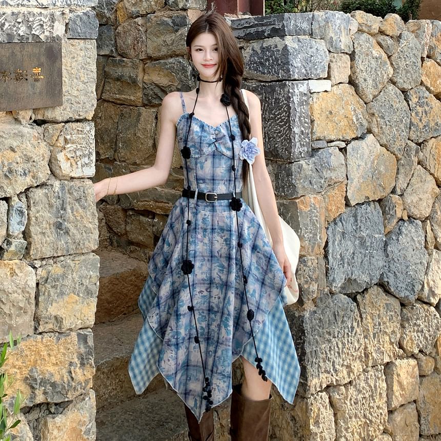 Check A-Line Maxi Dress with Spaghetti Straps and Belt Set