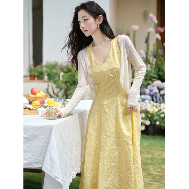 Black Sleeveless V-Neck A-Line Maxi Dress with Cardigan - Altfashion Shop