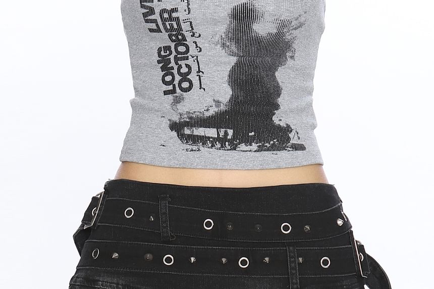 Studded Mid Rise Pleated Washed Denim Mini A-Line Skirt