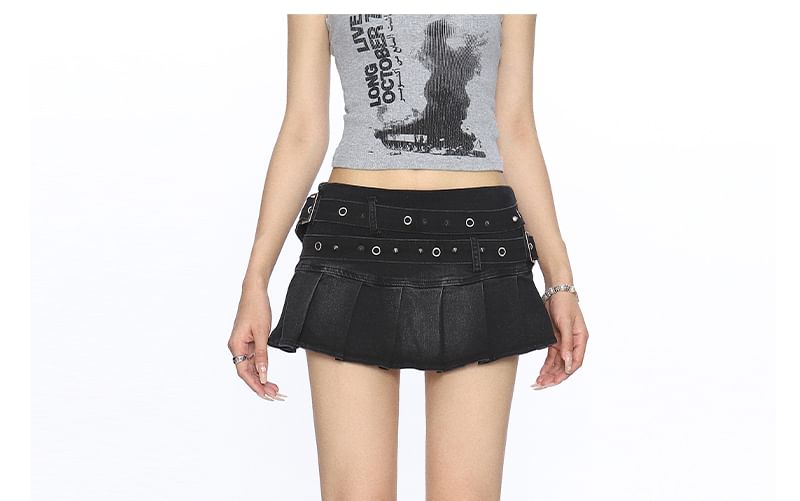 Studded Mid Rise Pleated Washed Denim Mini A-Line Skirt