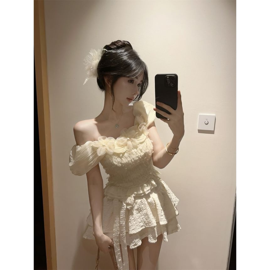 Off-Shoulder Blouse with Floral Accent and Ruffle Trim Plus High Waist Bow Hem Skort and Tiered Mini Skirt Set