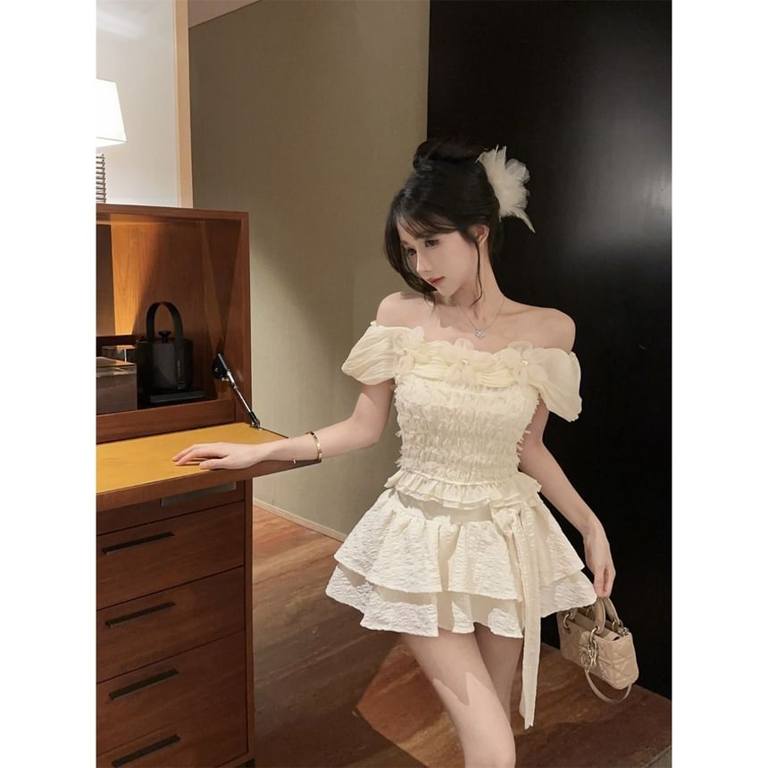 Off-Shoulder Blouse with Floral Accent and Ruffle Trim Plus High Waist Bow Hem Skort and Tiered Mini Skirt Set