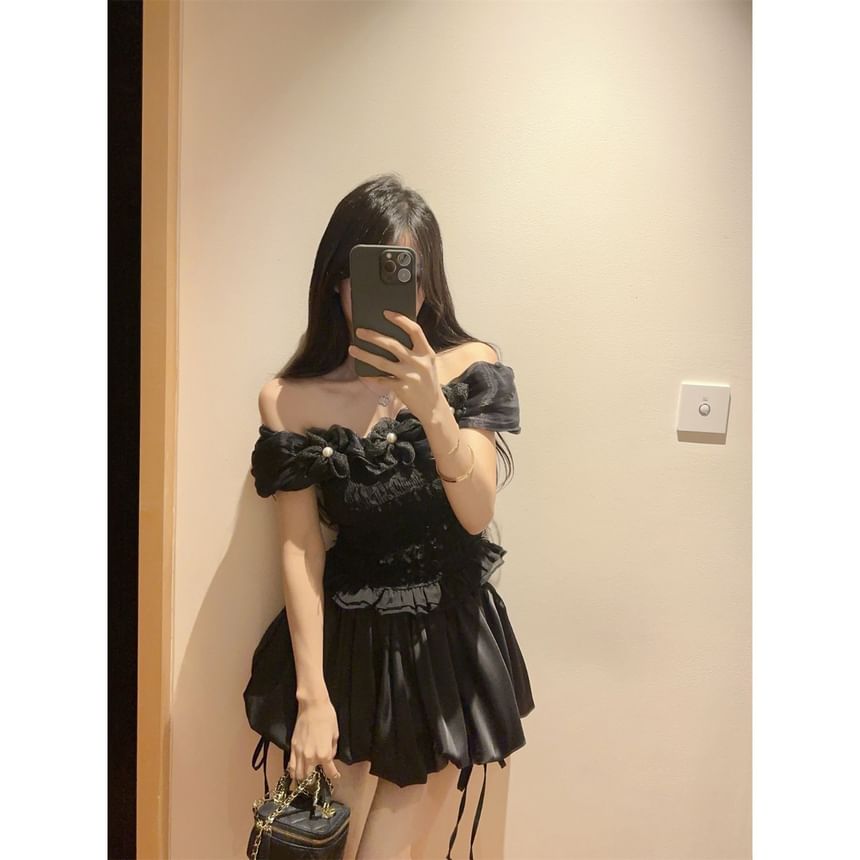 Off-Shoulder Blouse with Floral Accent and Ruffle Trim Plus High Waist Bow Hem Skort and Tiered Mini Skirt Set