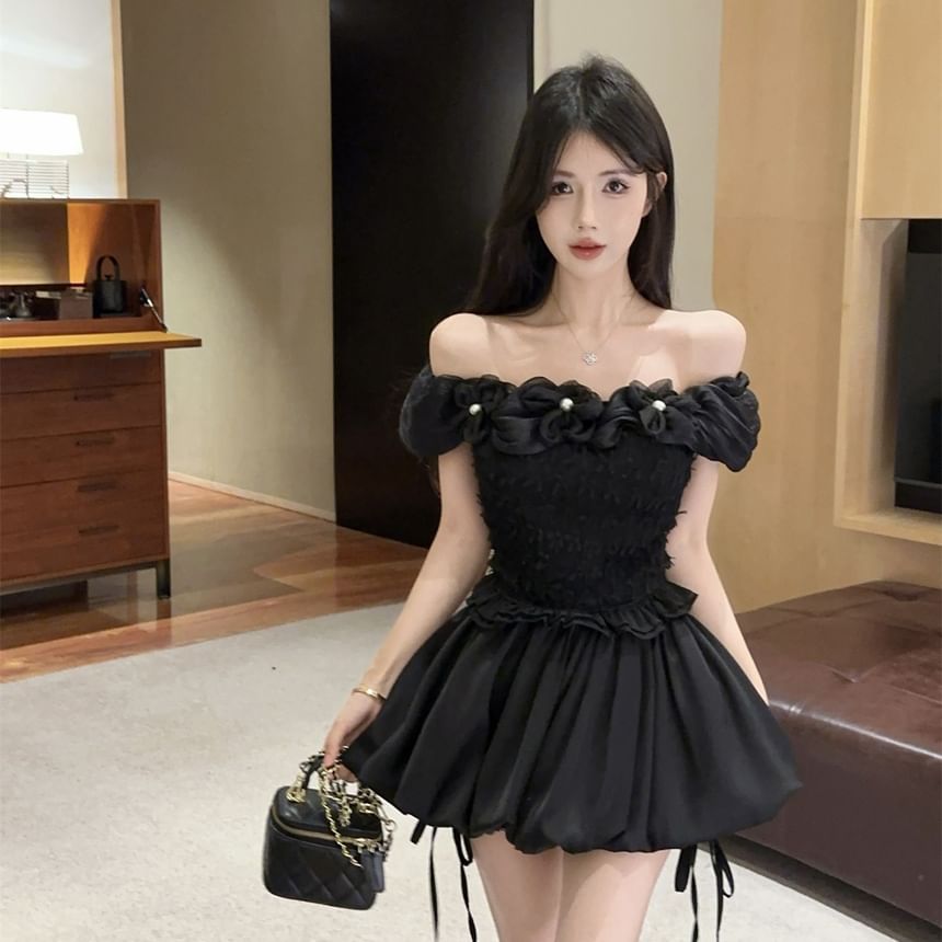 Off-Shoulder Blouse with Floral Accent and Ruffle Trim Plus High Waist Bow Hem Skort and Tiered Mini Skirt Set