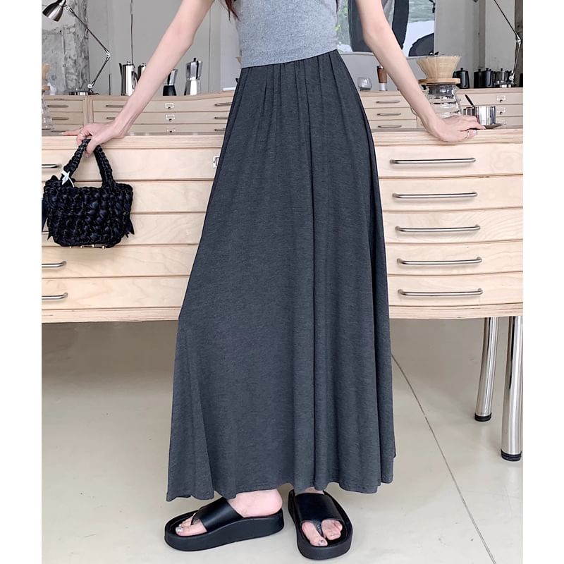 High Rise Plain Midi A-Line Skirt
