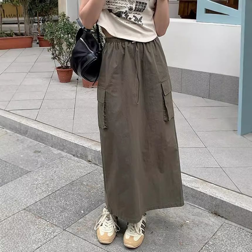 Drawstring Midi Straight Cargo Skirt with Plain High Waist
