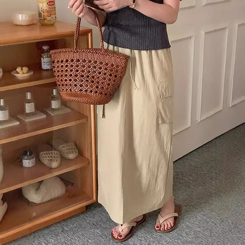 Drawstring Midi Straight Cargo Skirt with Plain High Waist