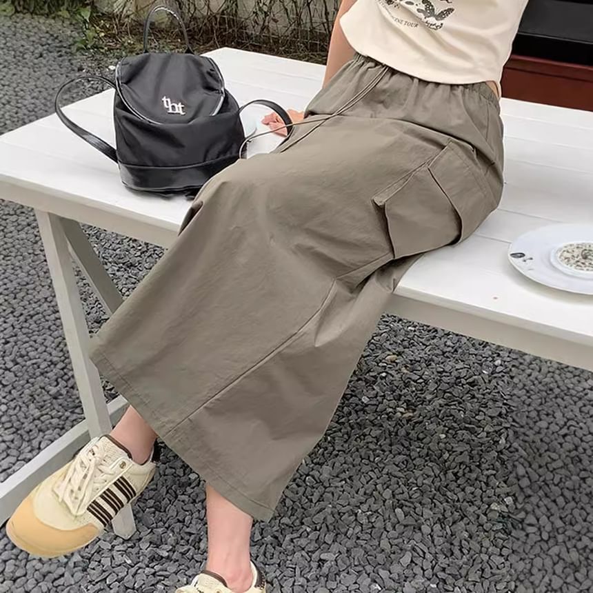 Drawstring Midi Straight Cargo Skirt with Plain High Waist