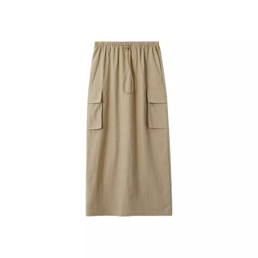 Drawstring Midi Straight Cargo Skirt with Plain High Waist