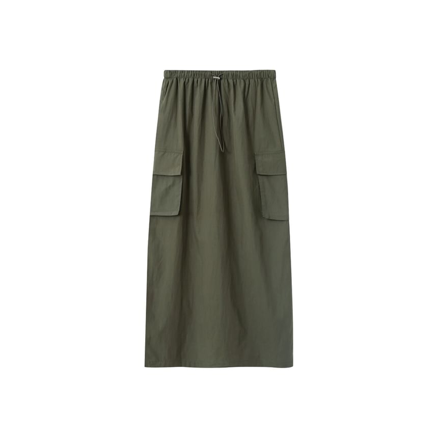 Drawstring Midi Straight Cargo Skirt with Plain High Waist