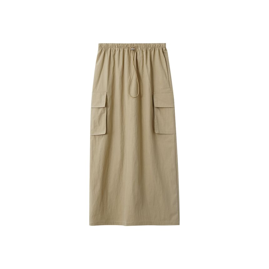 Drawstring Midi Straight Cargo Skirt with Plain High Waist