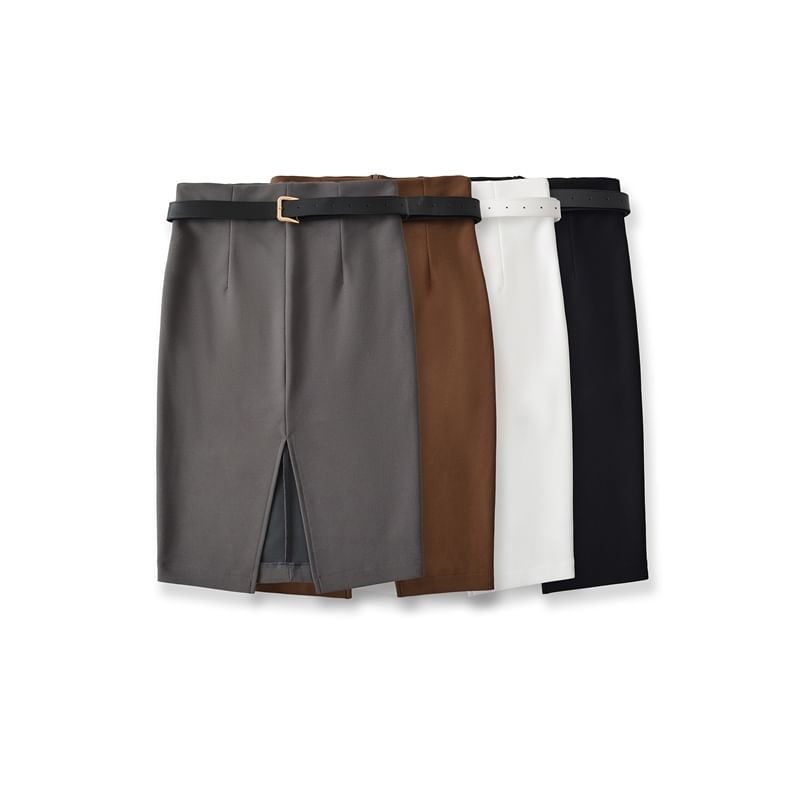 High Waist Plain Slit Midi Pencil Skirt Set with Belt