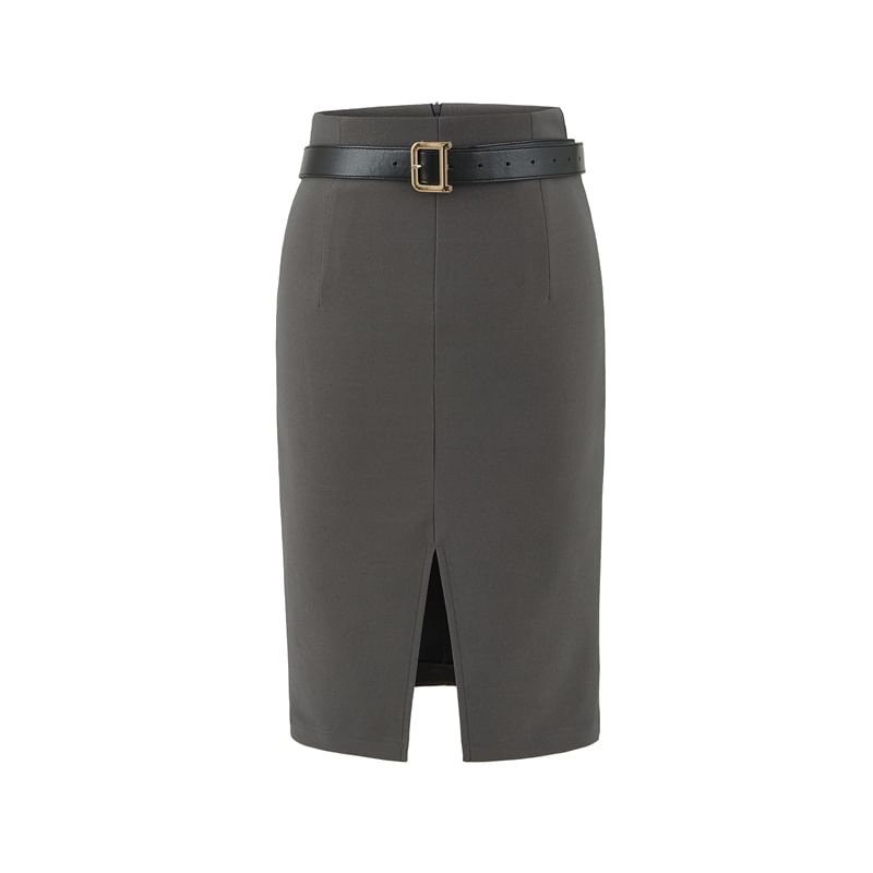 High Waist Plain Slit Midi Pencil Skirt Set with Belt