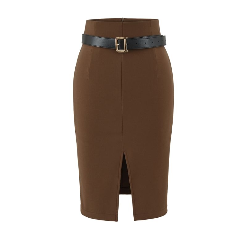 High Waist Plain Slit Midi Pencil Skirt Set with Belt