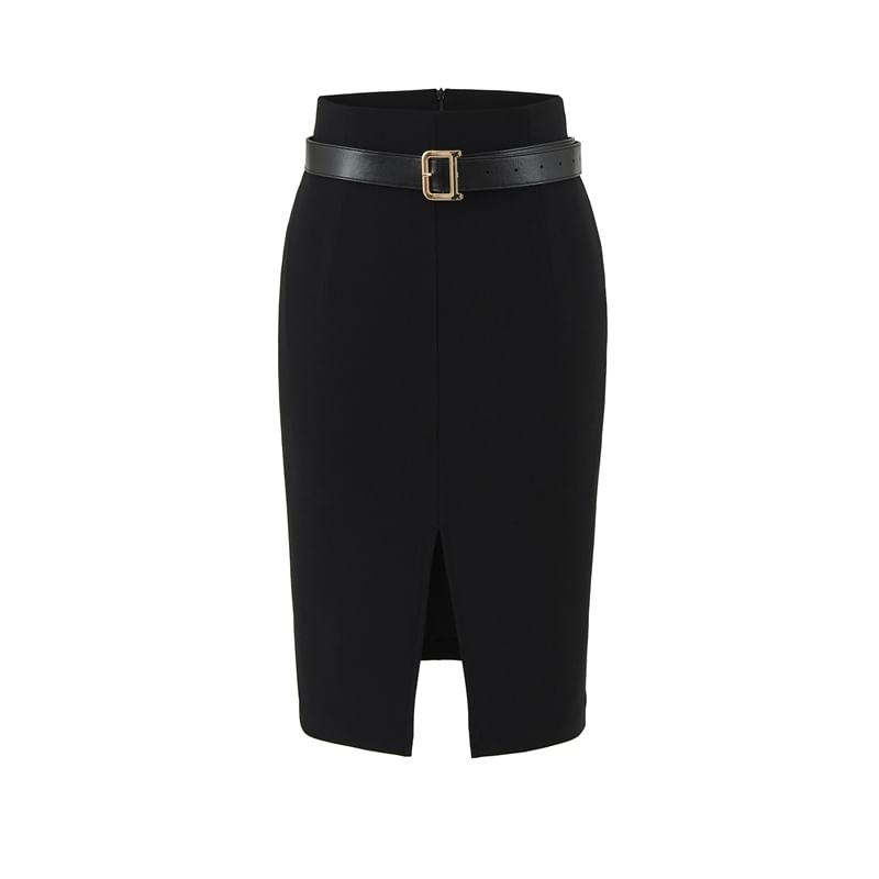 High Waist Plain Slit Midi Pencil Skirt Set with Belt