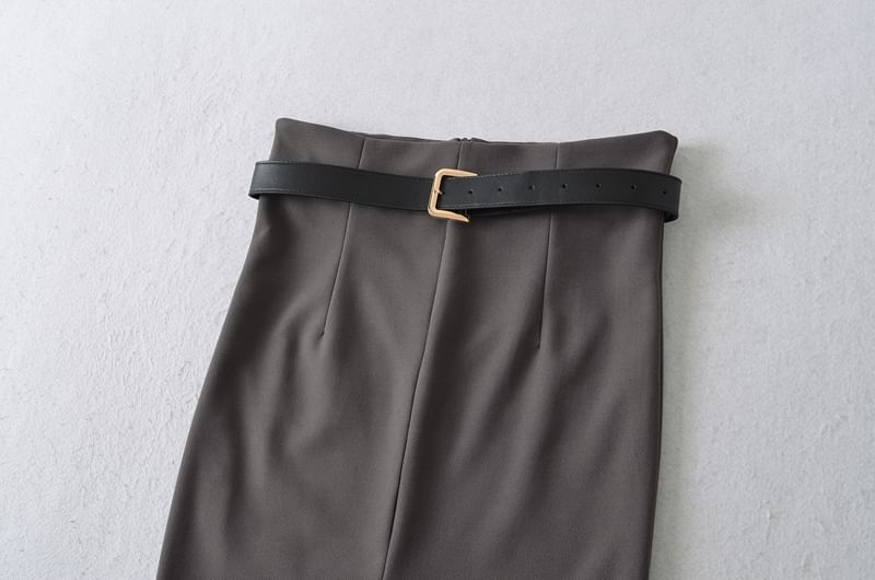 High Waist Plain Slit Midi Pencil Skirt Set with Belt