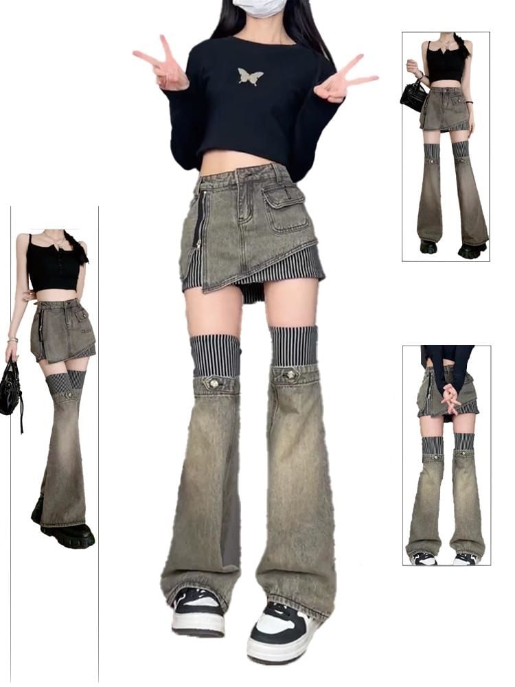 Washe Denim Panel Mini Skirt Set with Over Knee Leg Warmers