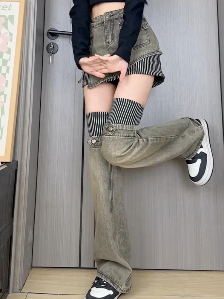 Washe Denim Panel Mini Skirt Set with Over Knee Leg Warmers