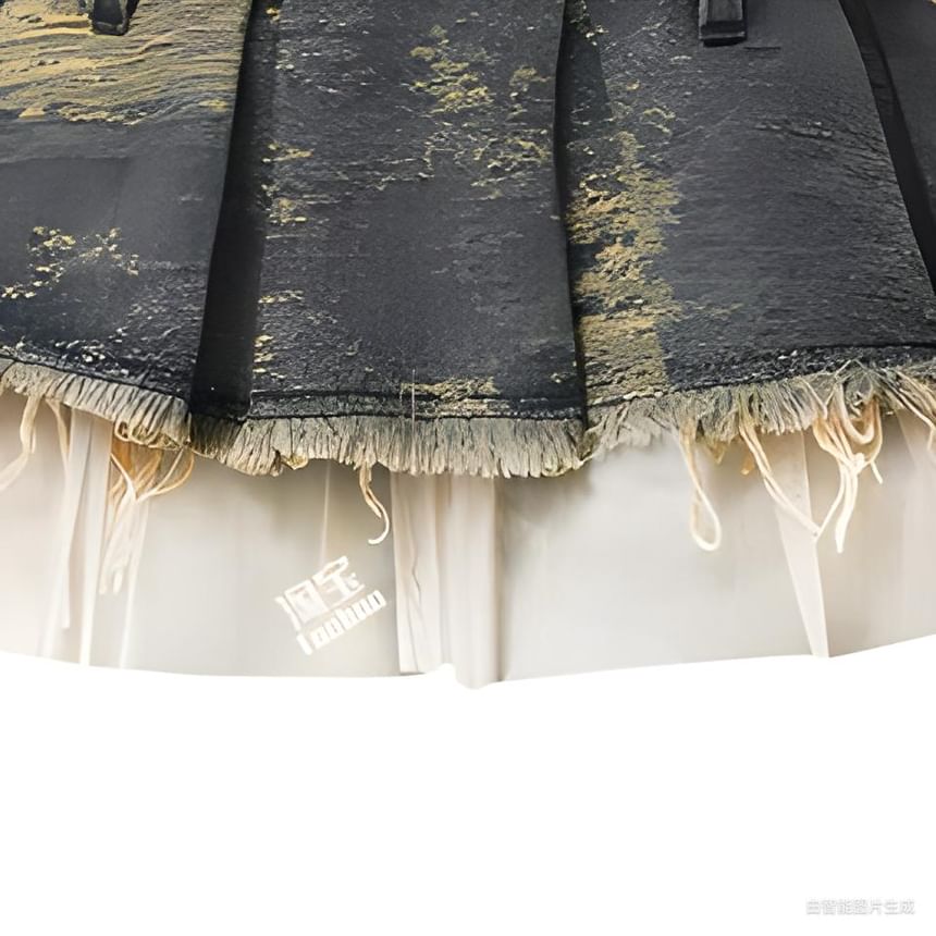 Denim Mini A-Line Skirt with High Rise Mock Two Piece Look