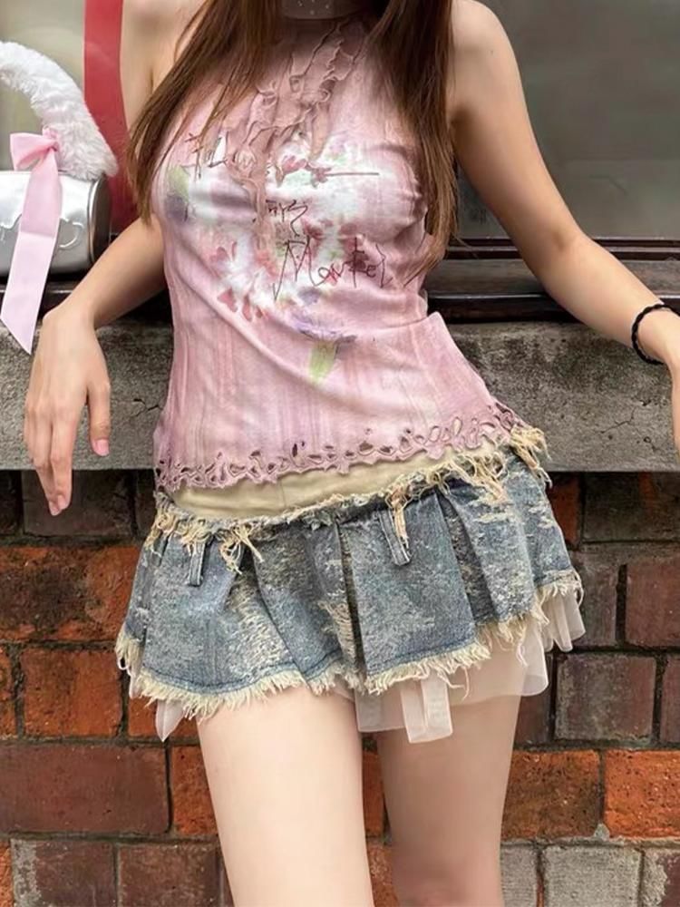 Denim Mini A-Line Skirt with High Rise Mock Two Piece Look