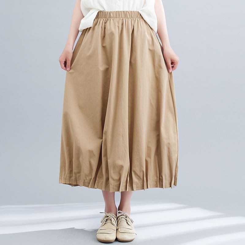 Elastic Waist Pleated Midi A-Line Skirt with Plain Design