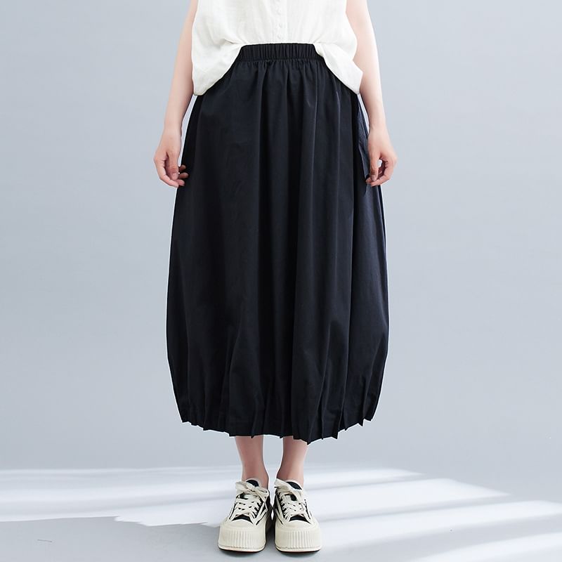 Elastic Waist Pleated Midi A-Line Skirt with Plain Design