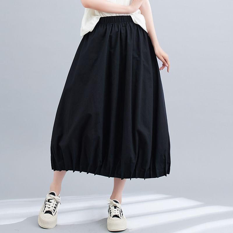Elastic Waist Pleated Midi A-Line Skirt with Plain Design