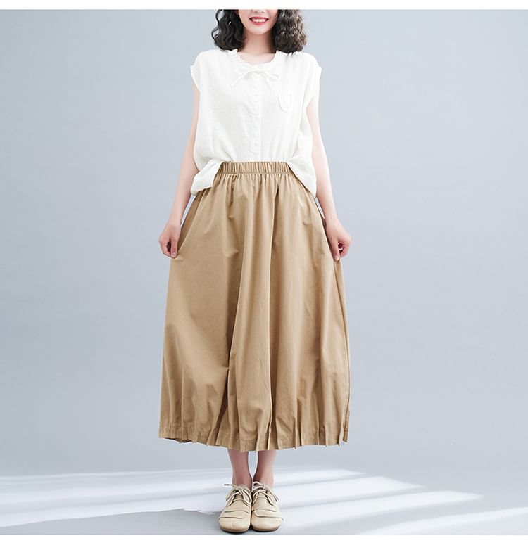 Elastic Waist Pleated Midi A-Line Skirt with Plain Design