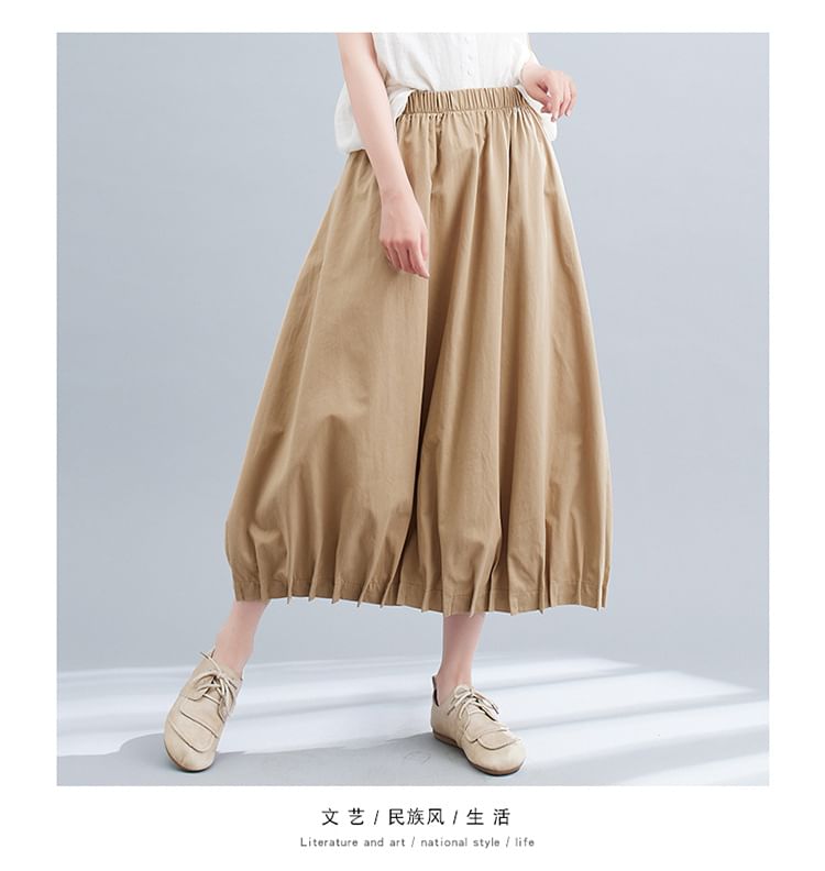Elastic Waist Pleated Midi A-Line Skirt with Plain Design