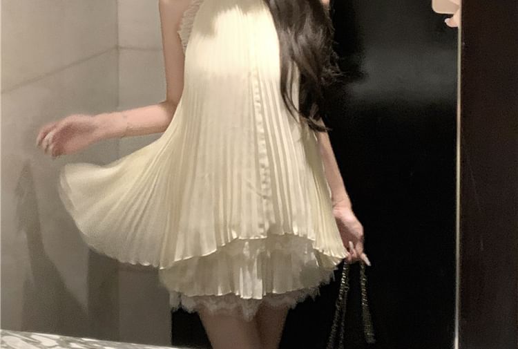 Halter Pleated Lace Panel Tank Top & Mini A-Line Skirt