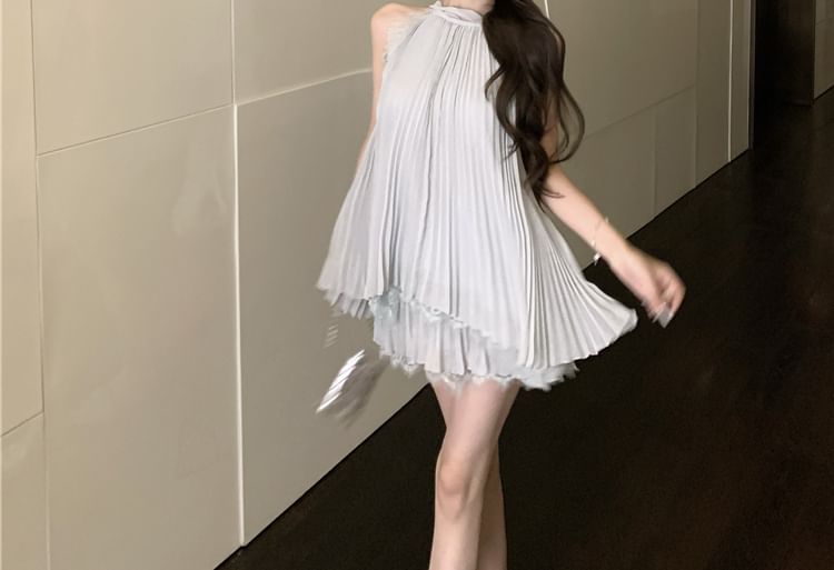 Halter Pleated Lace Panel Tank Top & Mini A-Line Skirt