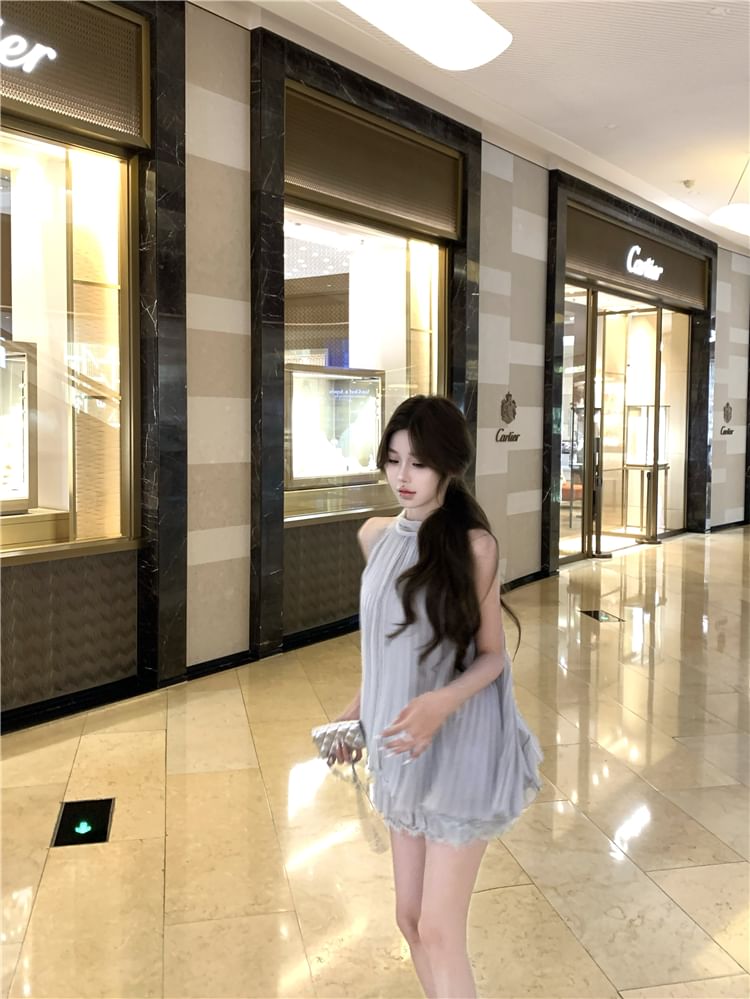 Halter Pleated Lace Panel Tank Top & Mini A-Line Skirt