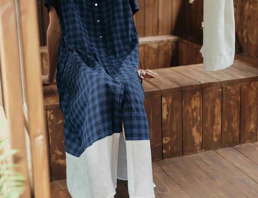 Plaid Short-Sleeve Shirt Maxi Dress - Altfashion Shop