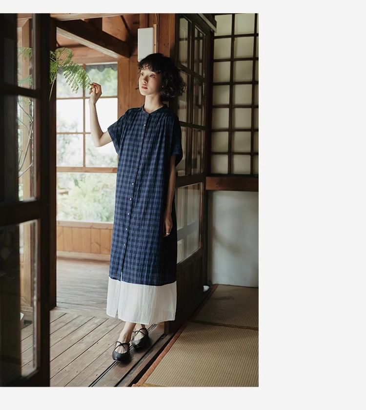 Plaid Short-Sleeve Shirt Maxi Dress - Altfashion Shop