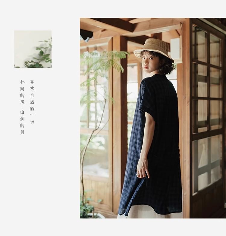 Plaid Short-Sleeve Shirt Maxi Dress - Altfashion Shop