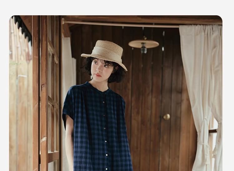 Plaid Short-Sleeve Shirt Maxi Dress - Altfashion Shop