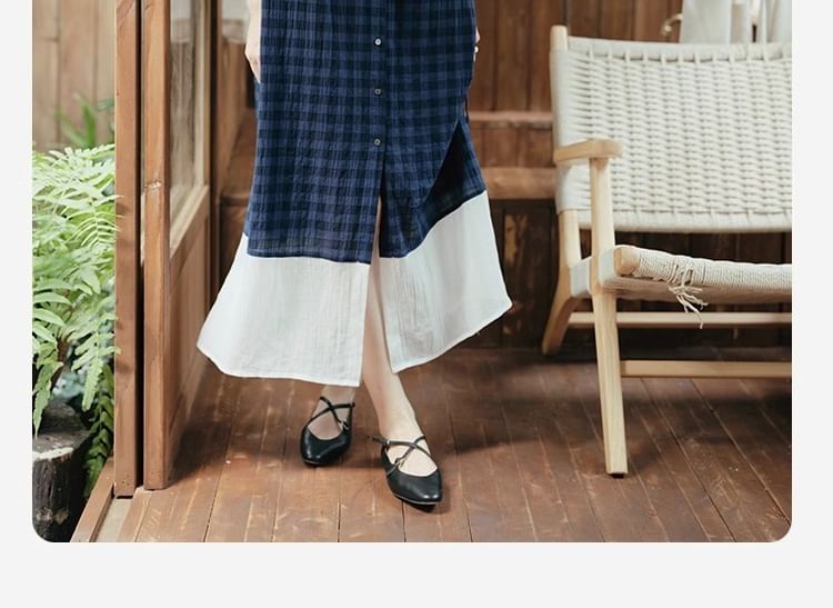 Plaid Short-Sleeve Shirt Maxi Dress - Altfashion Shop