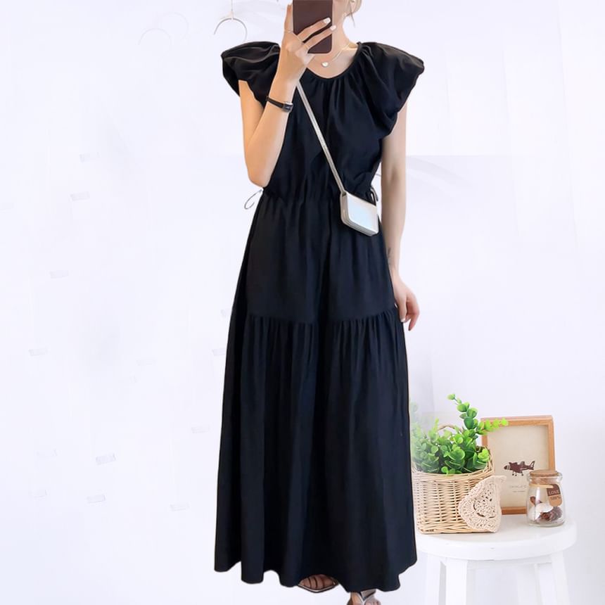 Black Cap-Sleeve Crewneck A-Line Maxi Dress - Altfashion Shop