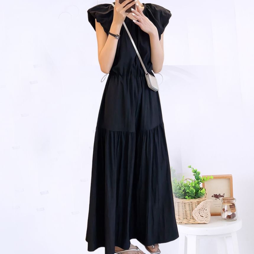 Black Cap-Sleeve Crewneck A-Line Maxi Dress - Altfashion Shop