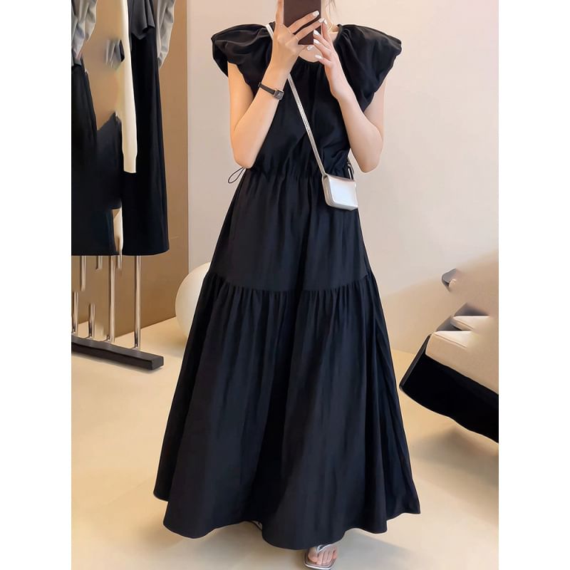 Black Cap-Sleeve Crewneck A-Line Maxi Dress - Altfashion Shop
