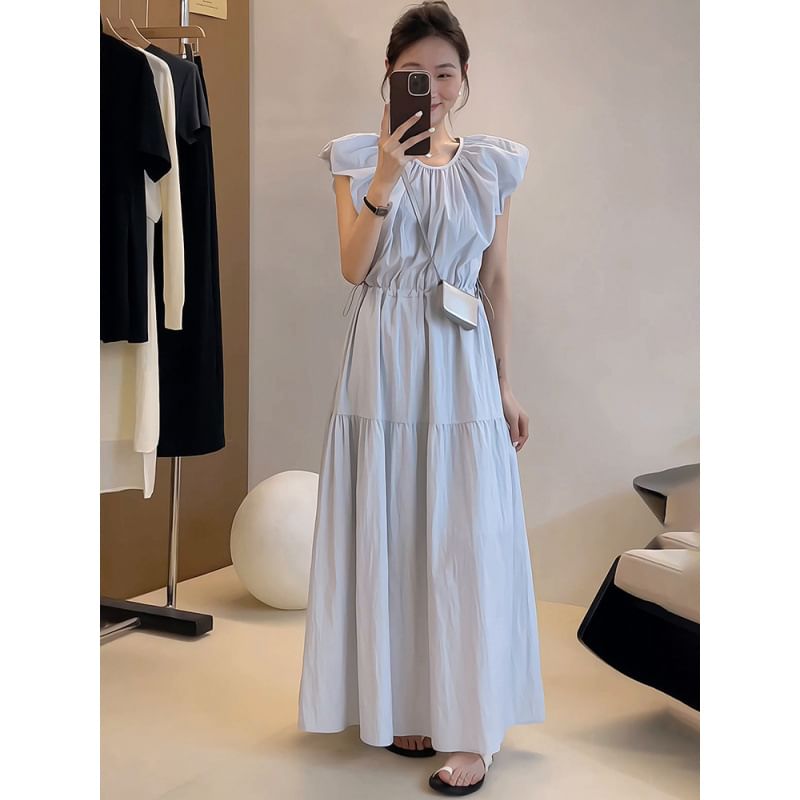 Black Cap-Sleeve Crewneck A-Line Maxi Dress - Altfashion Shop
